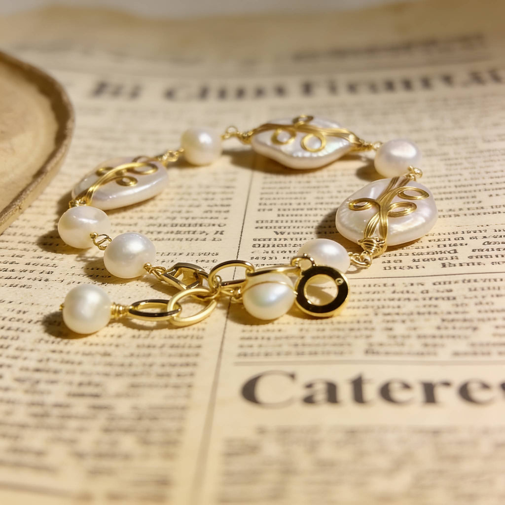 Elegant moonlit pearl bracelet with shell centerpiece and freshwater pearls, handmade gold jewelry inspired by the sea
