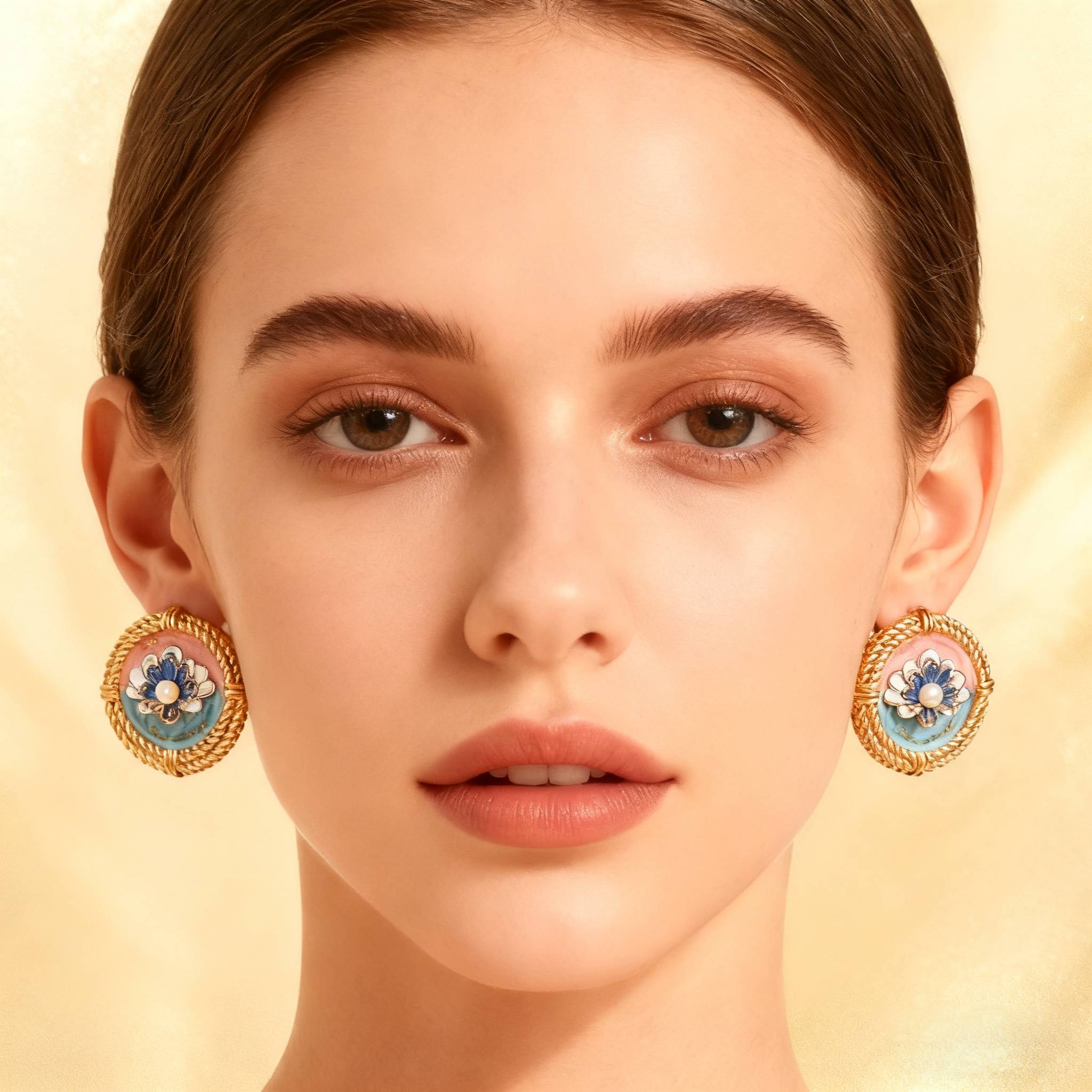 Close-up of a woman wearing ornate earrings with a soft focus background