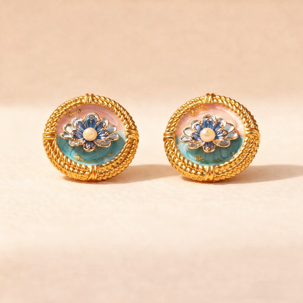 Pair of gold and blue floral earrings on a beige background
