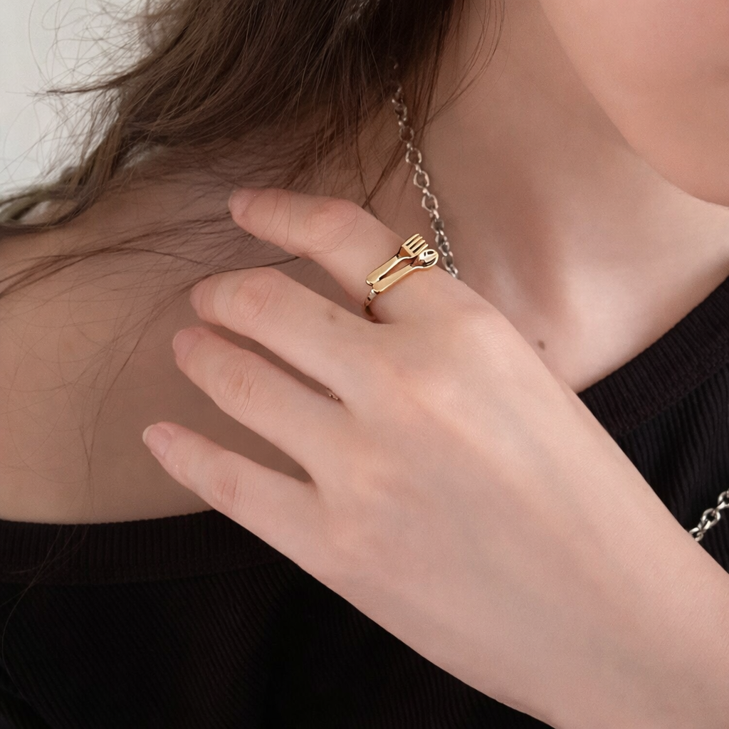 Weird fork spoon ring with odd jewelry design, unconventional cutlery inspired ring for lovers of niche and artistic accessories