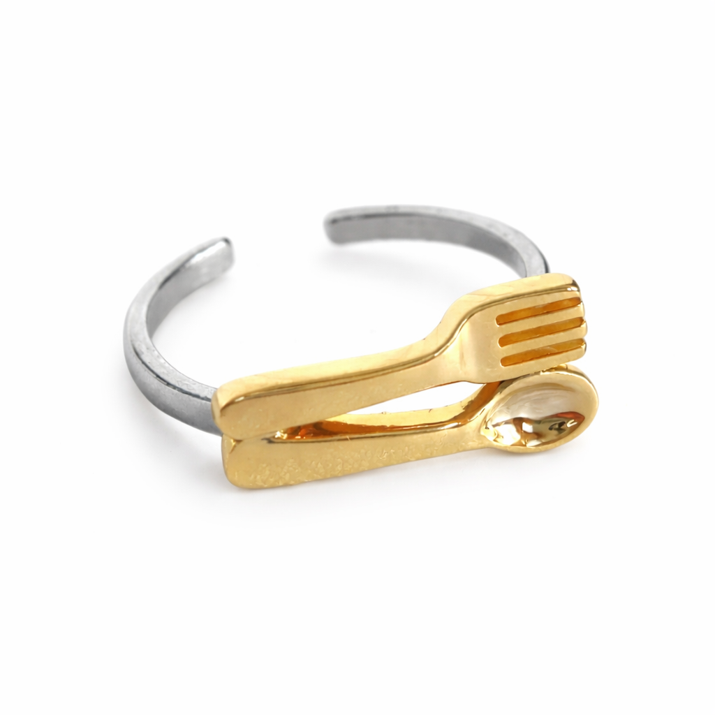 Anti-classic cutlery ring combining fork and spoon elements, weird-core inspired niche jewelry with bold and humorous design