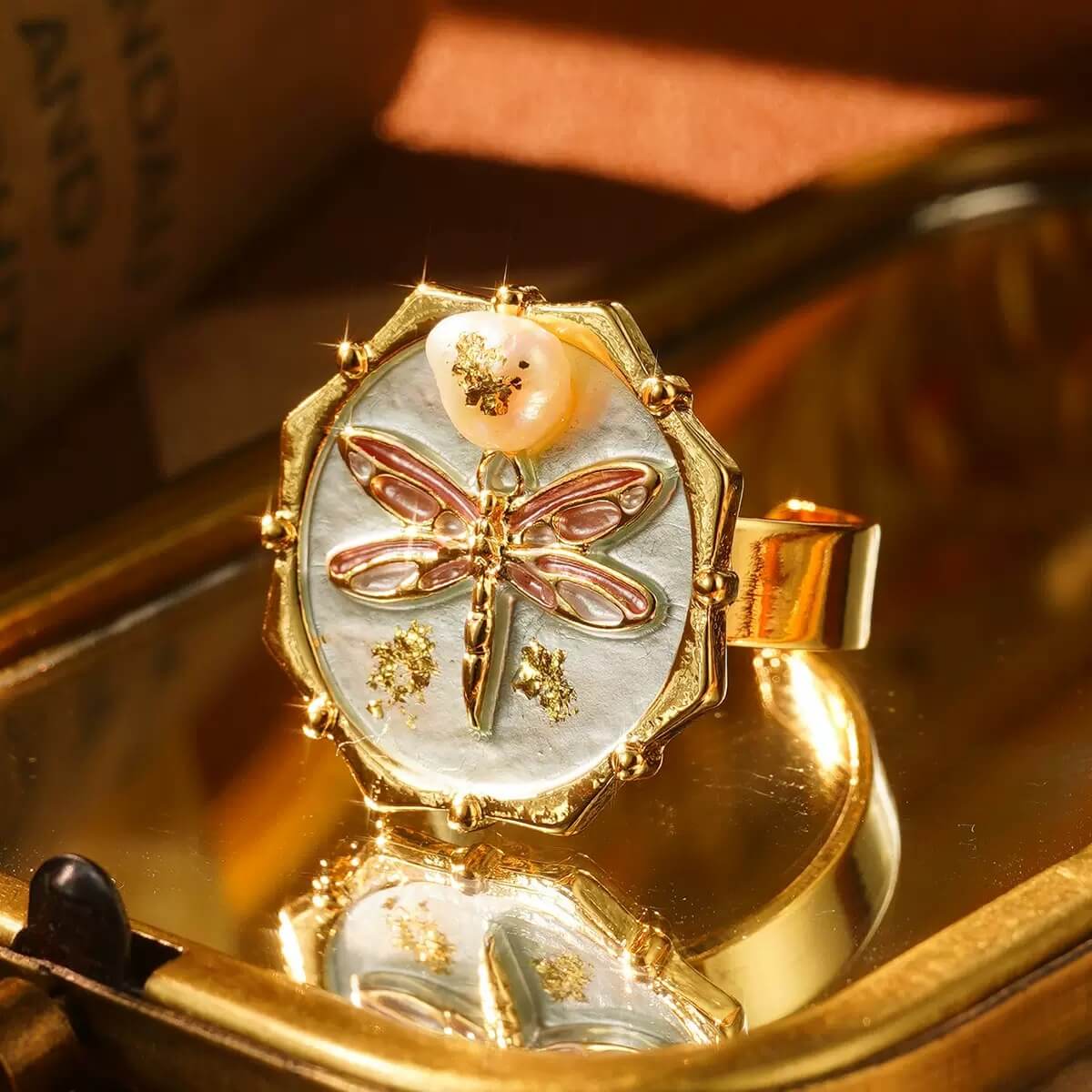 Pearl-Crowned Dragonfly Ring