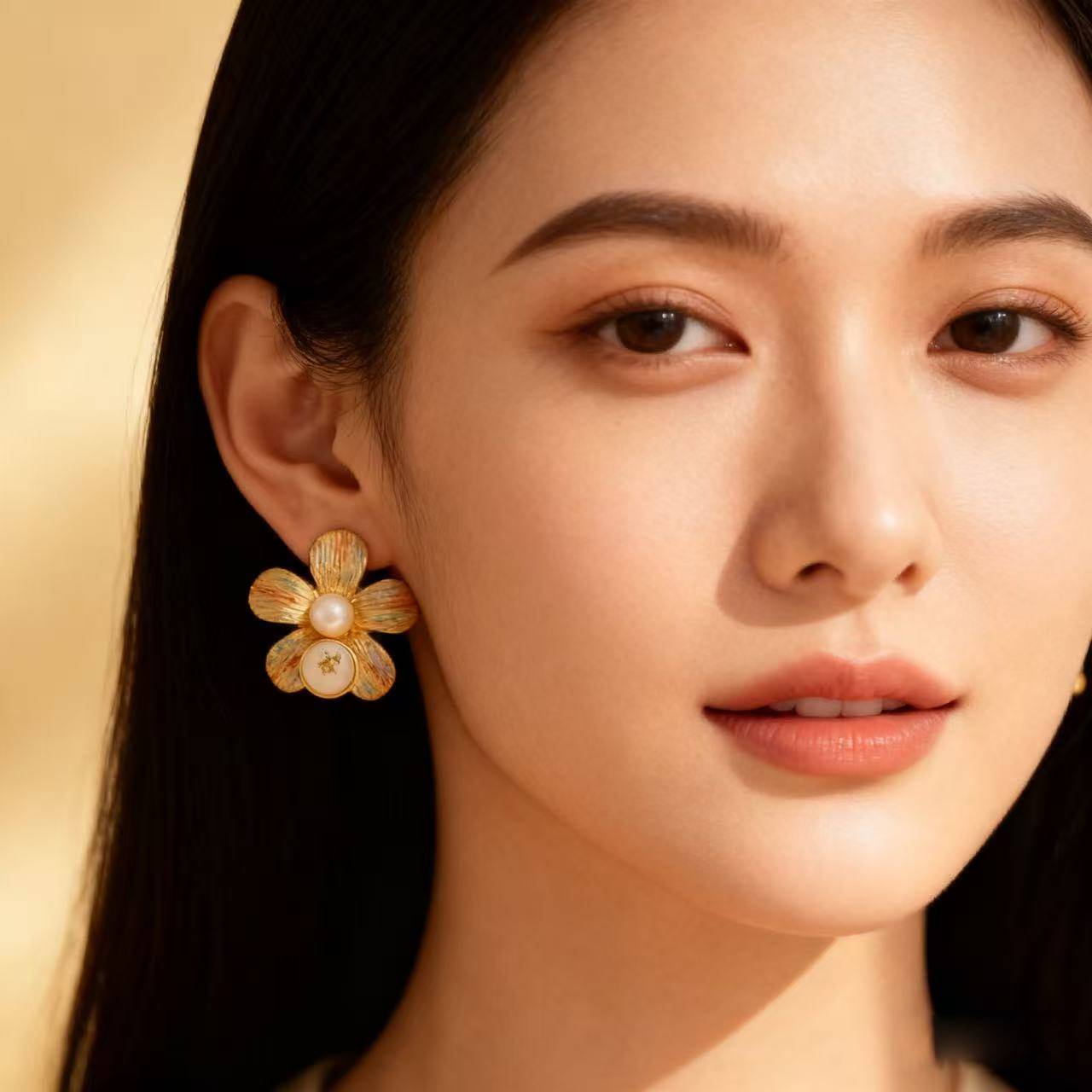 Floral stud earrings in gold with multi-color enamel petals and pearl embellishment