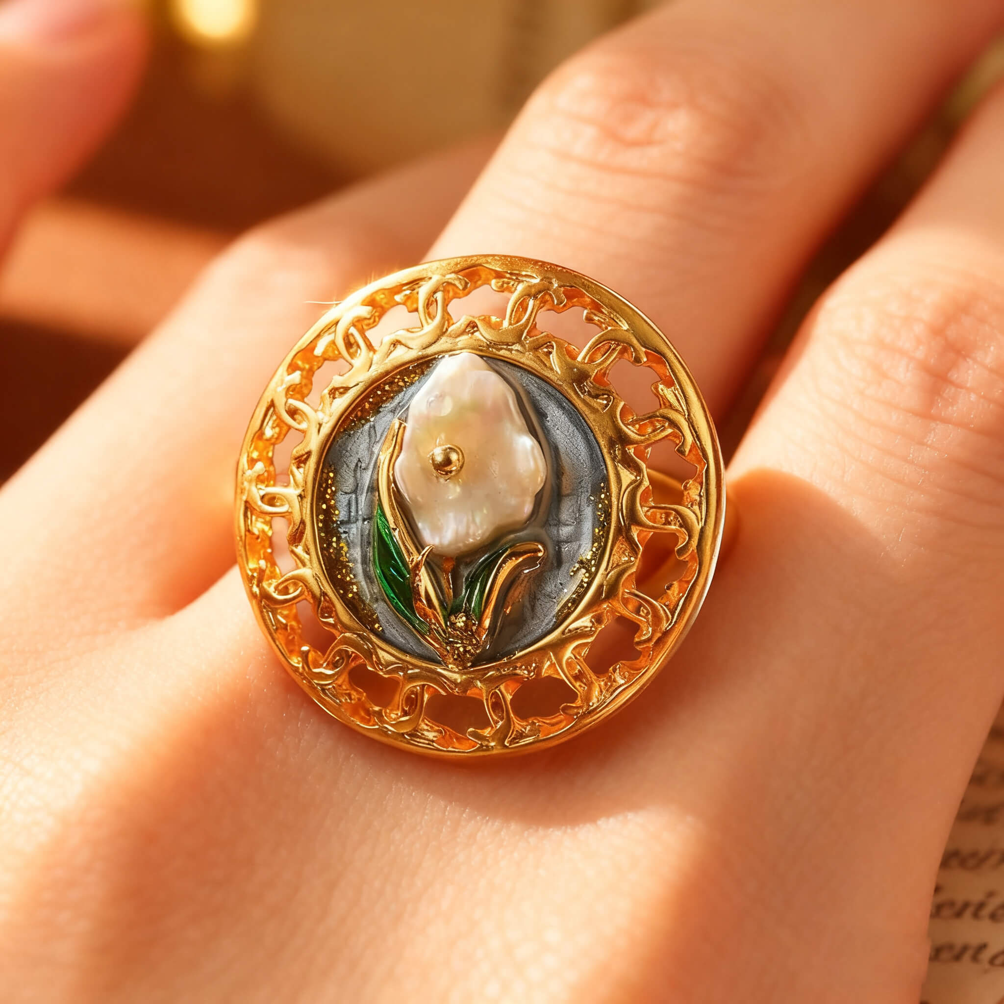 Luxury gold ring with a pearl flower design displayed in warm lighting.