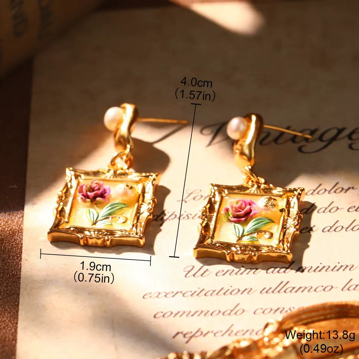 Vintage gold earrings with hand-painted rose artwork in ornate frame design, ideal Christmas jewelry gift with measure 