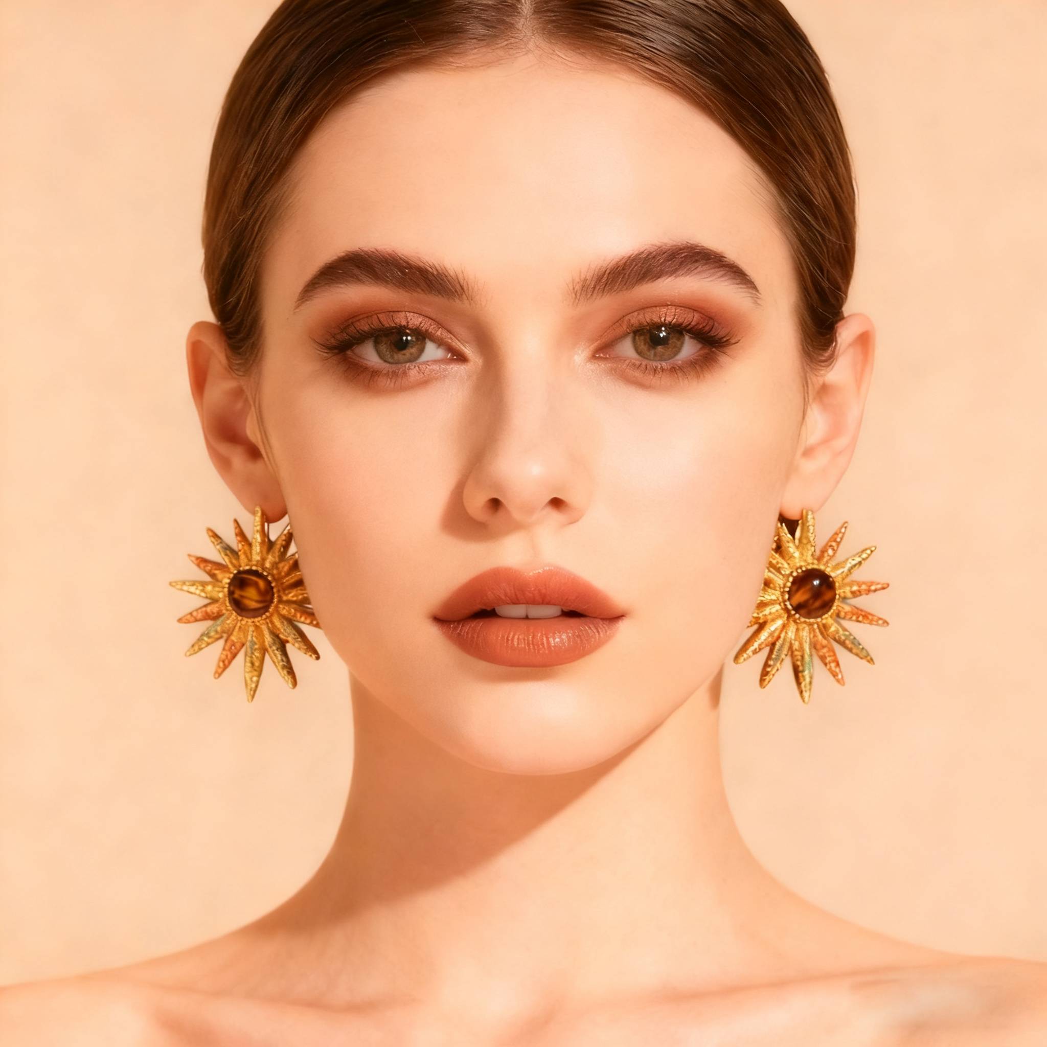 andcrafted gold sunburst earrings with textured rays and polished amber center, styled under warm vintage lighting