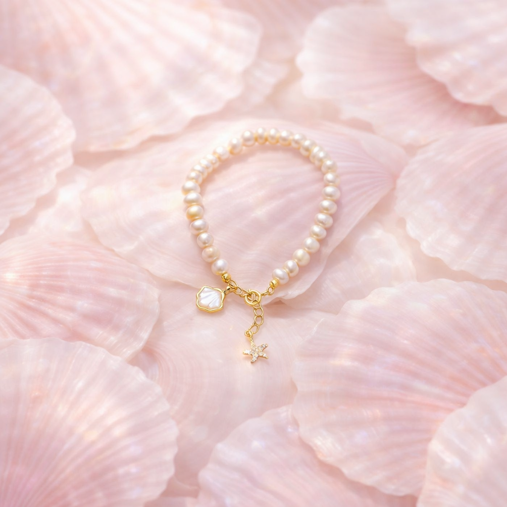 Pearl bracelet with gold charm on pink seashells