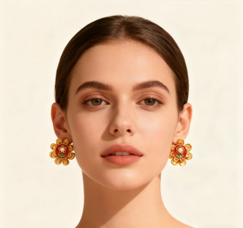 Traditional-style gold floral earrings with detailed petals and center pearl for festive outfits.