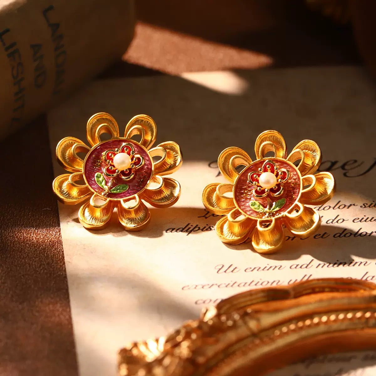 Vintage gold flower earrings with red enamel and pearl center, perfect Christmas gift for women