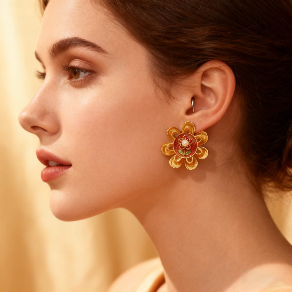 retro floral gold earrings with intricate enamel details for holiday jewelry collections.