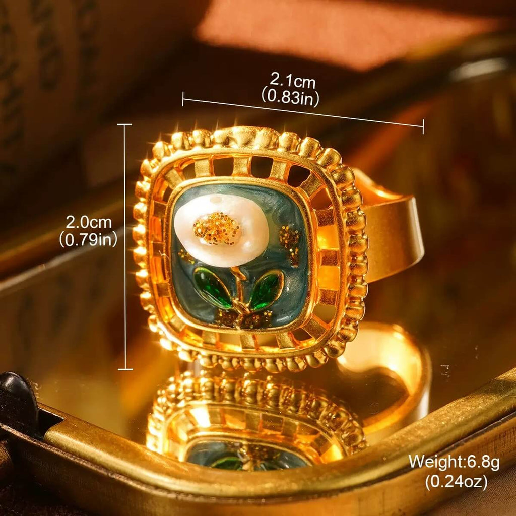 Luxury gold and pearl floral ring featured in Christmas jewelry collection