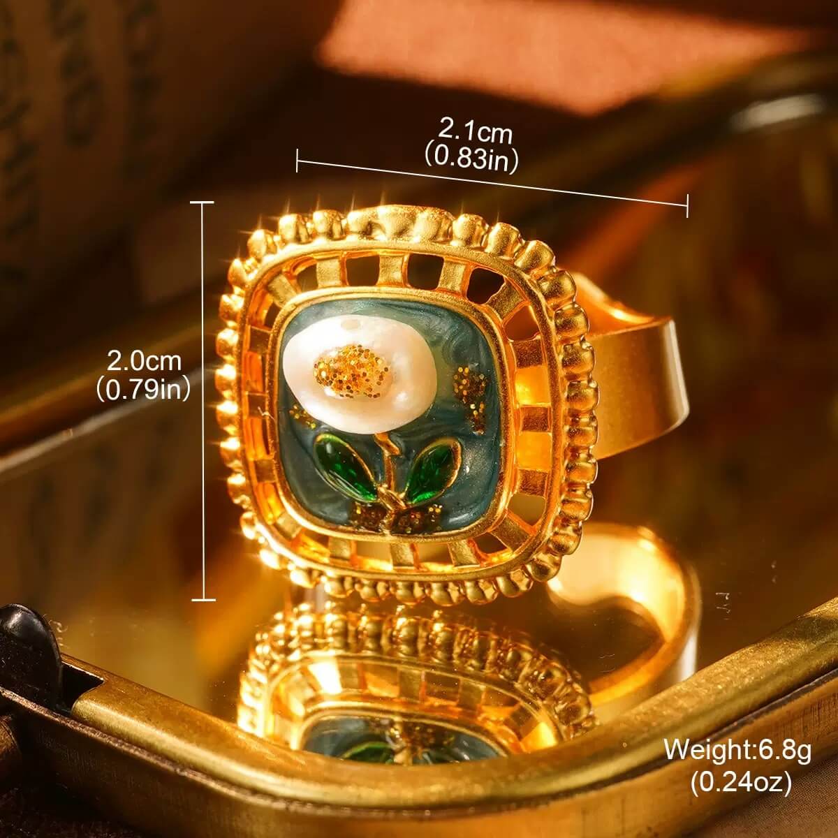 Luxury gold and pearl floral ring featured in Christmas jewelry collection