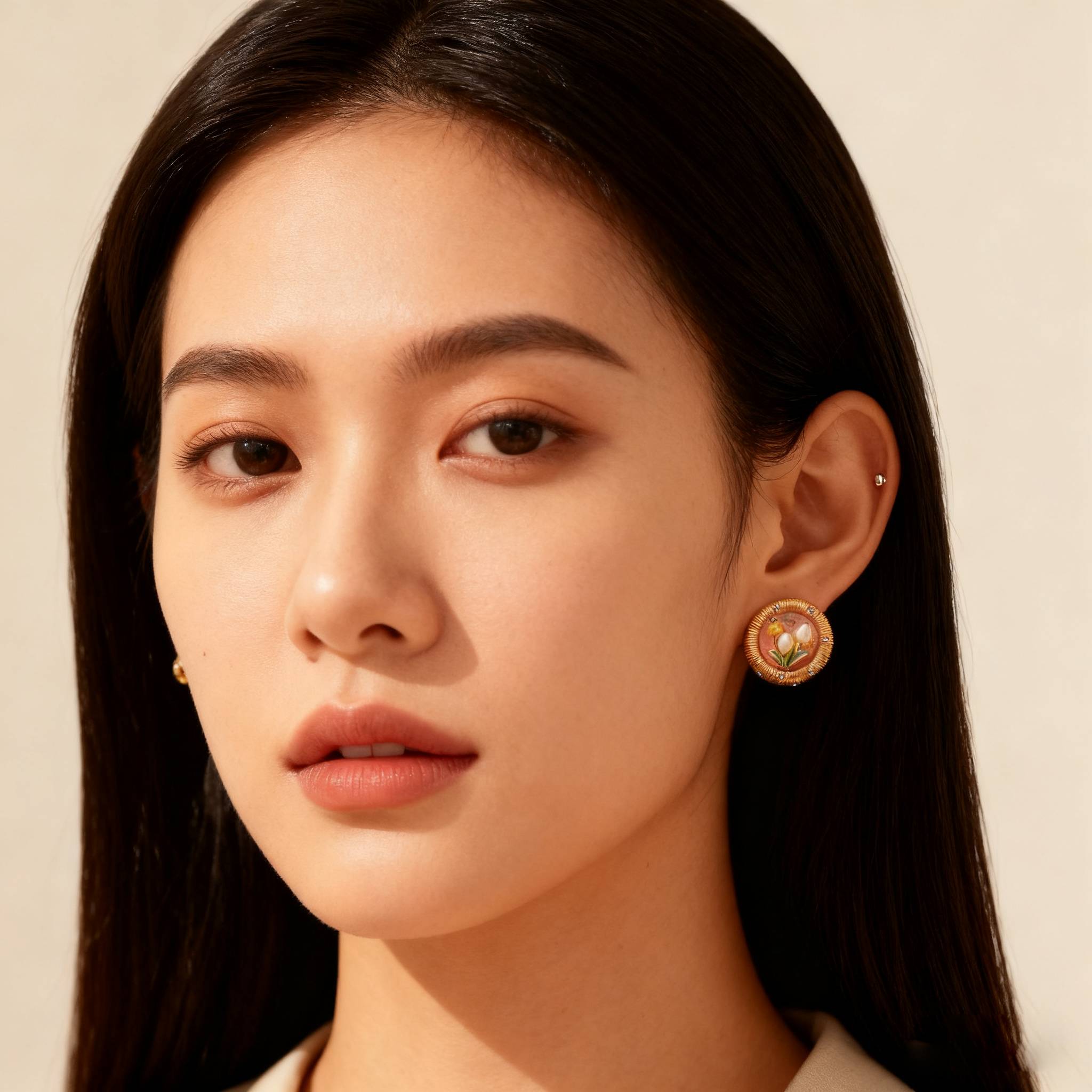 Handcrafted gold tulip earrings accented with pearl buds and green leaves.